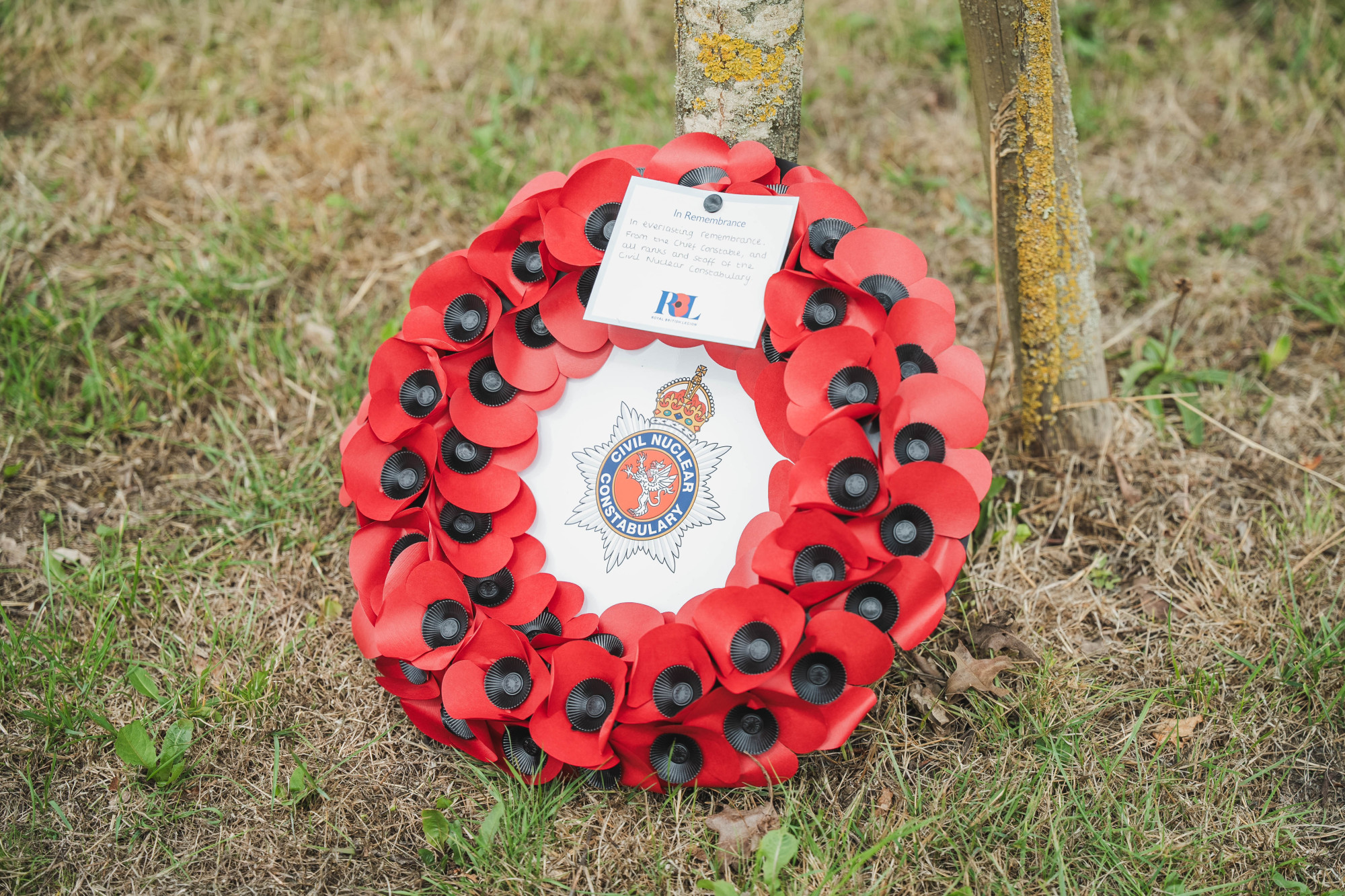 A wreath of poppies with the CNC logo in the centre and a message of remembrance for fallen officers and staff