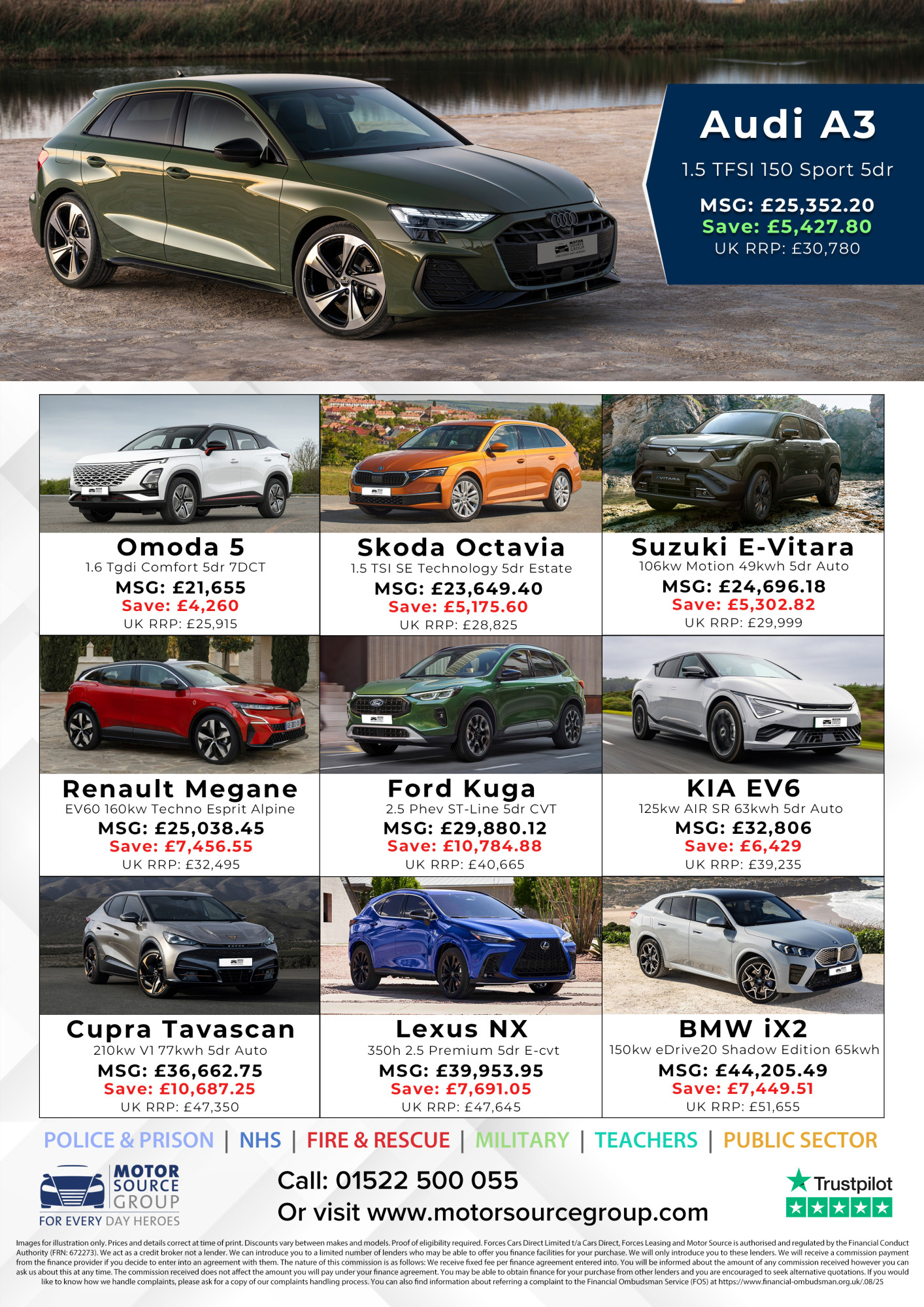 A poster advertising the latest offers on various vehicles from Motor Source Group