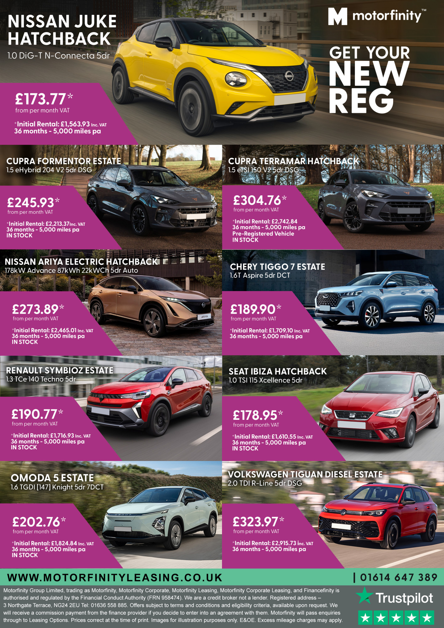 Images of the cars available from Motorfinity with the details of the savings that can be made.