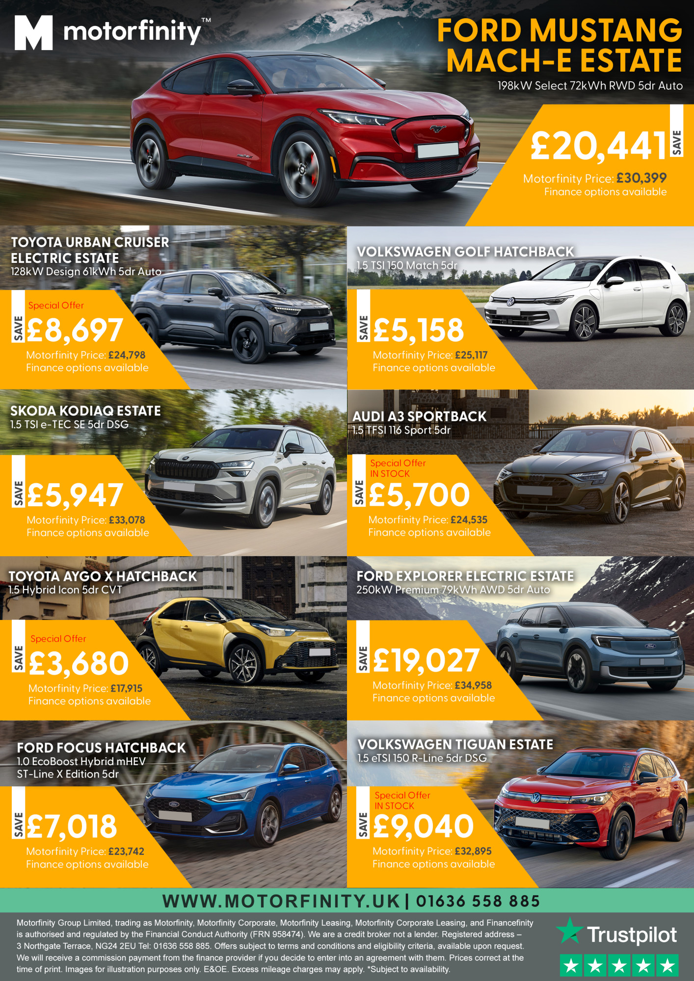 Images of the cars available from Motorfinity with the details of the savings that can be made.