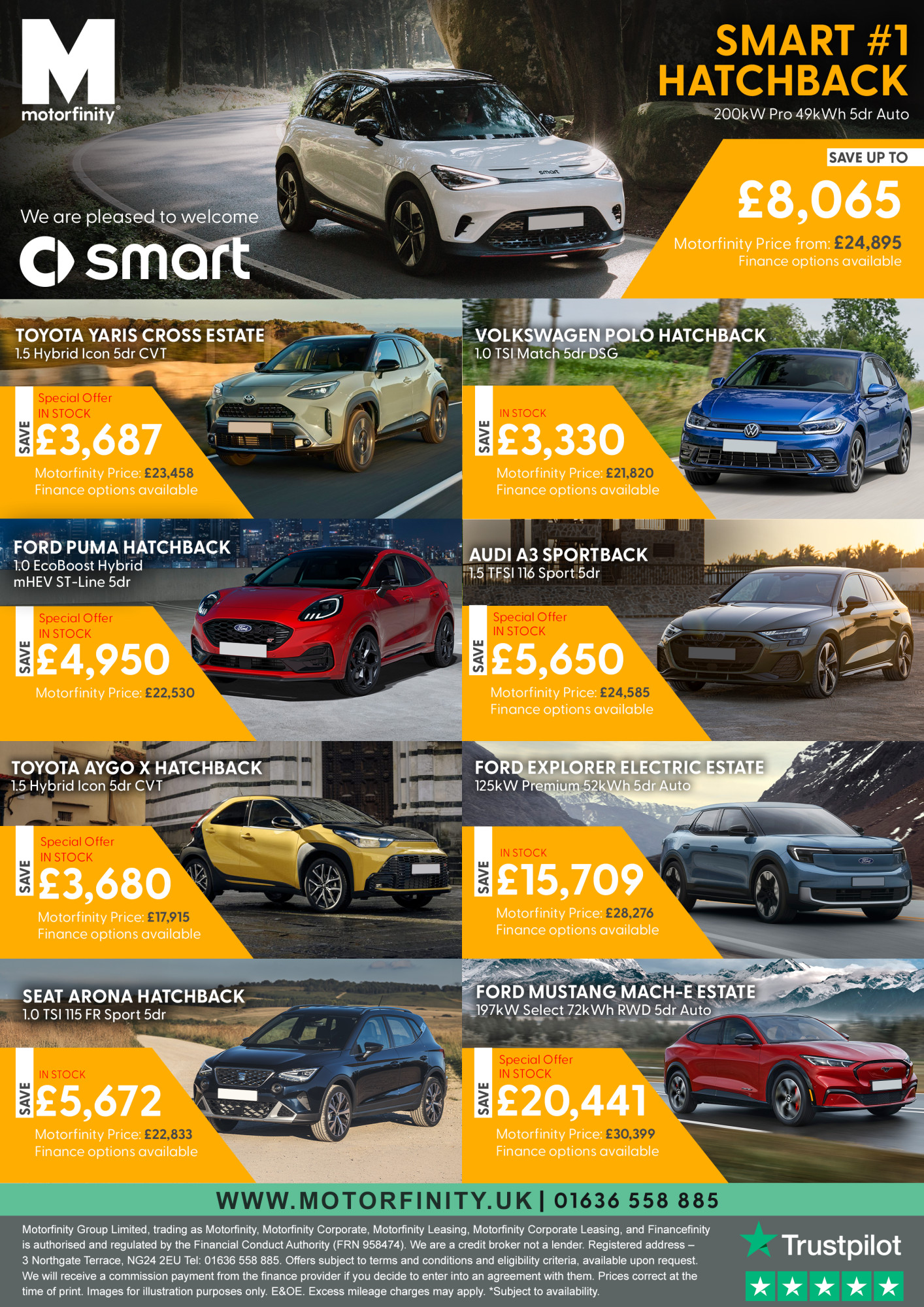 Images of the cars available from Motorfinity with the details of the savings that can be made.