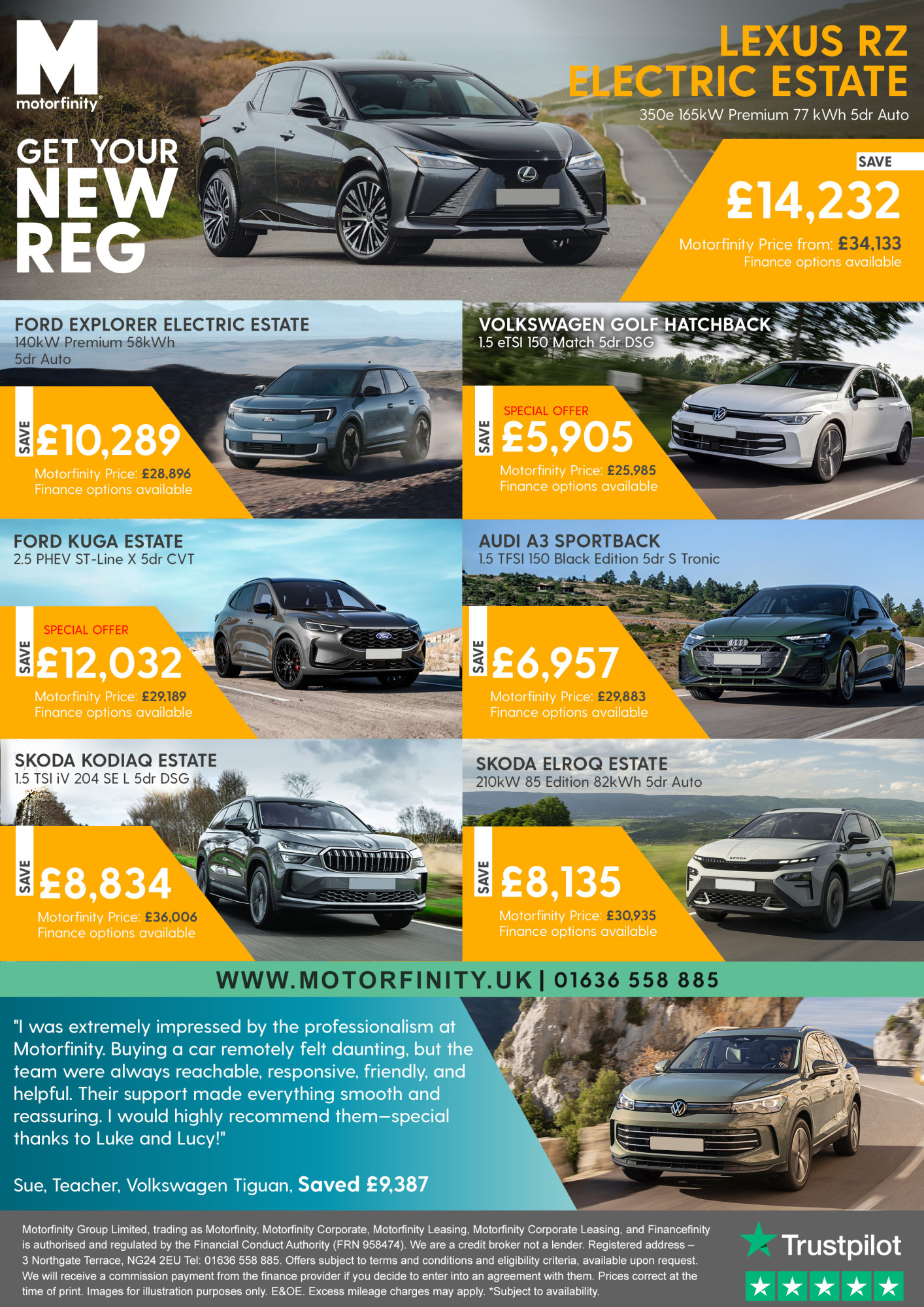 Images of the cars available from Motorfinity with the details of the savings that can be made.