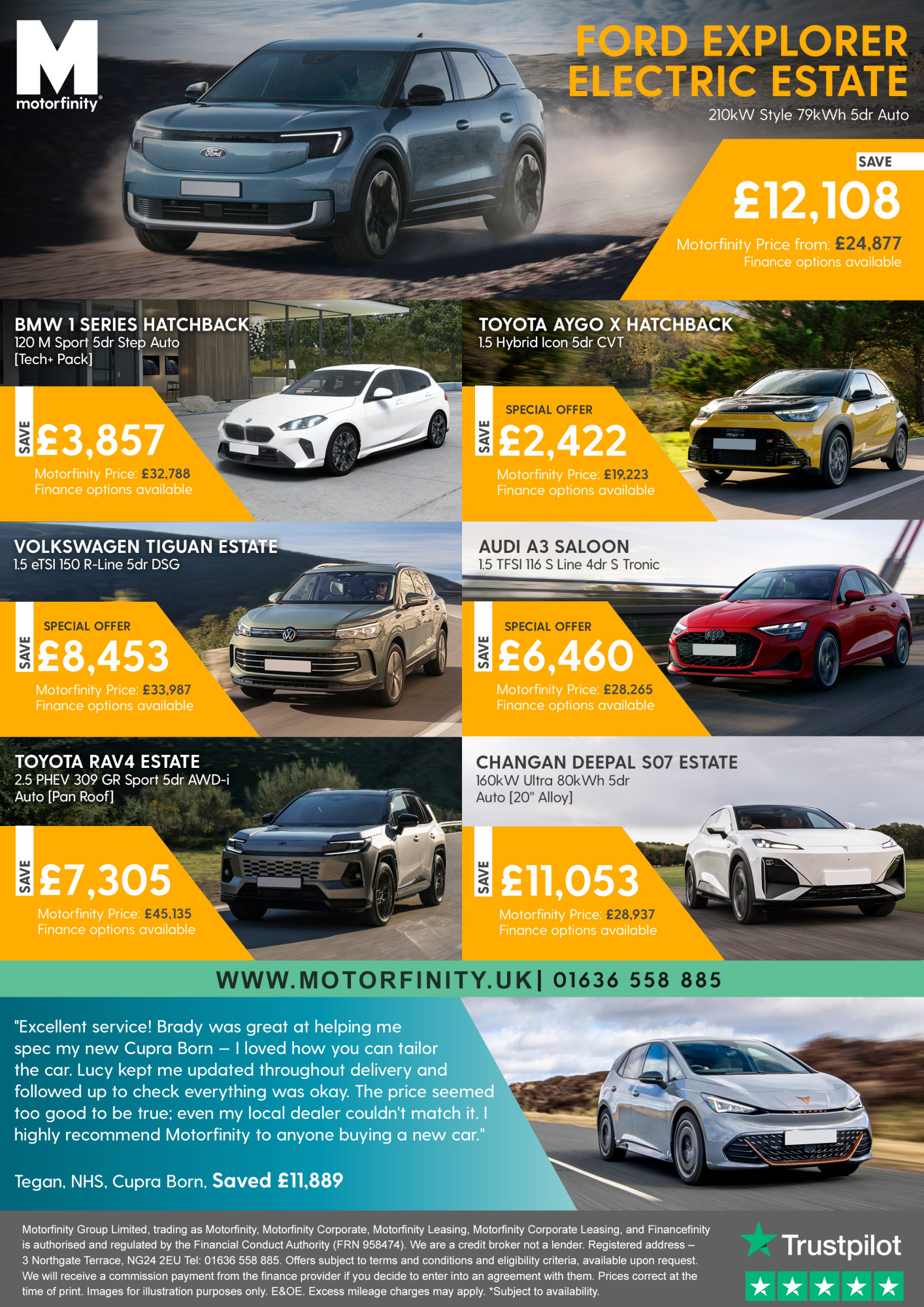 Images of the cars available from Motorfinity with the details of the savings that can be made.