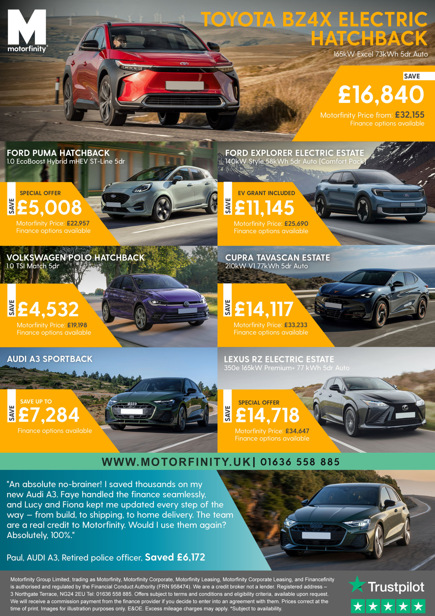 Images of the cars available from Motorfinity with the details of the savings that can be made.