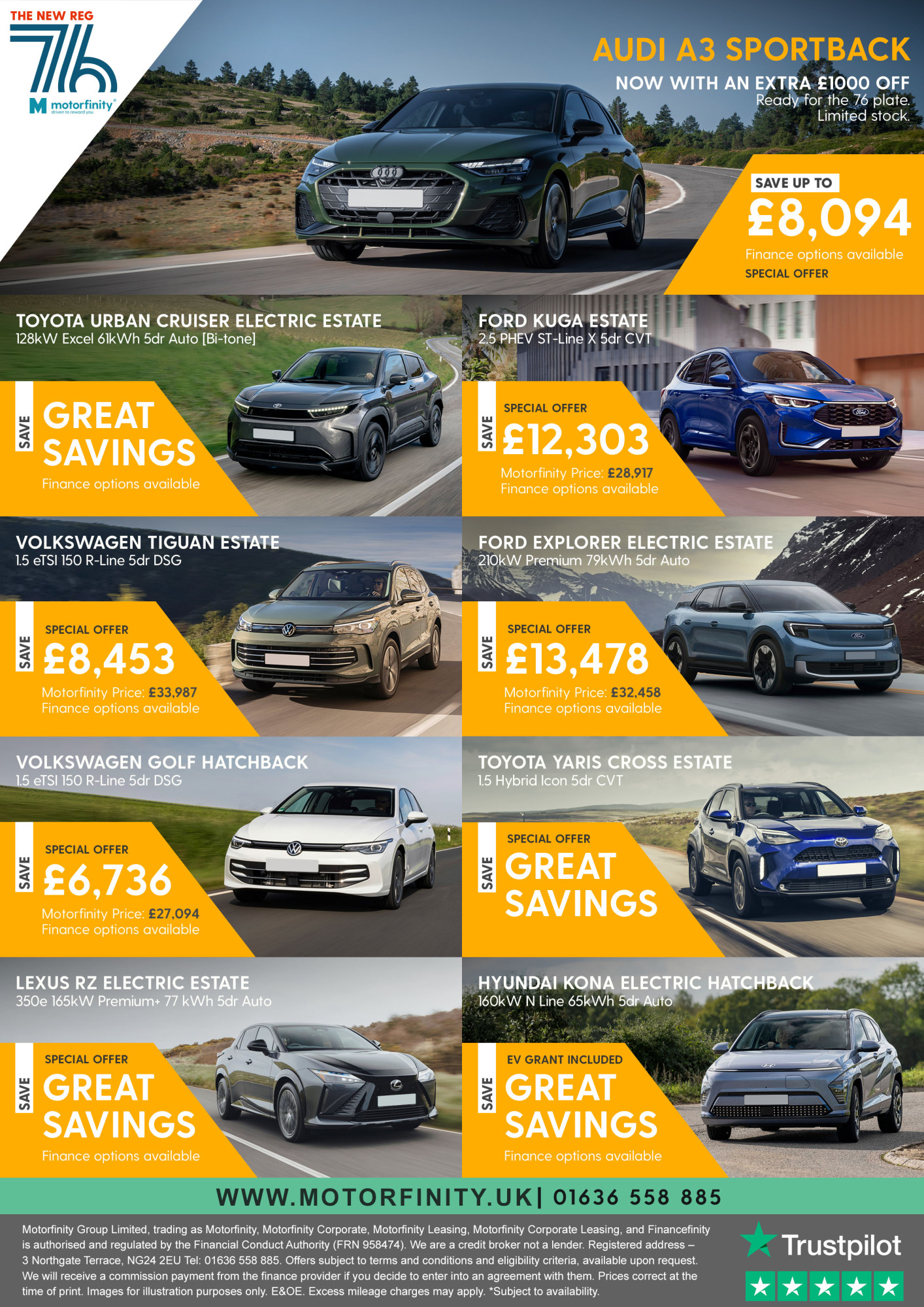 Images of the cars available from Motorfinity with the details of the savings that can be made.