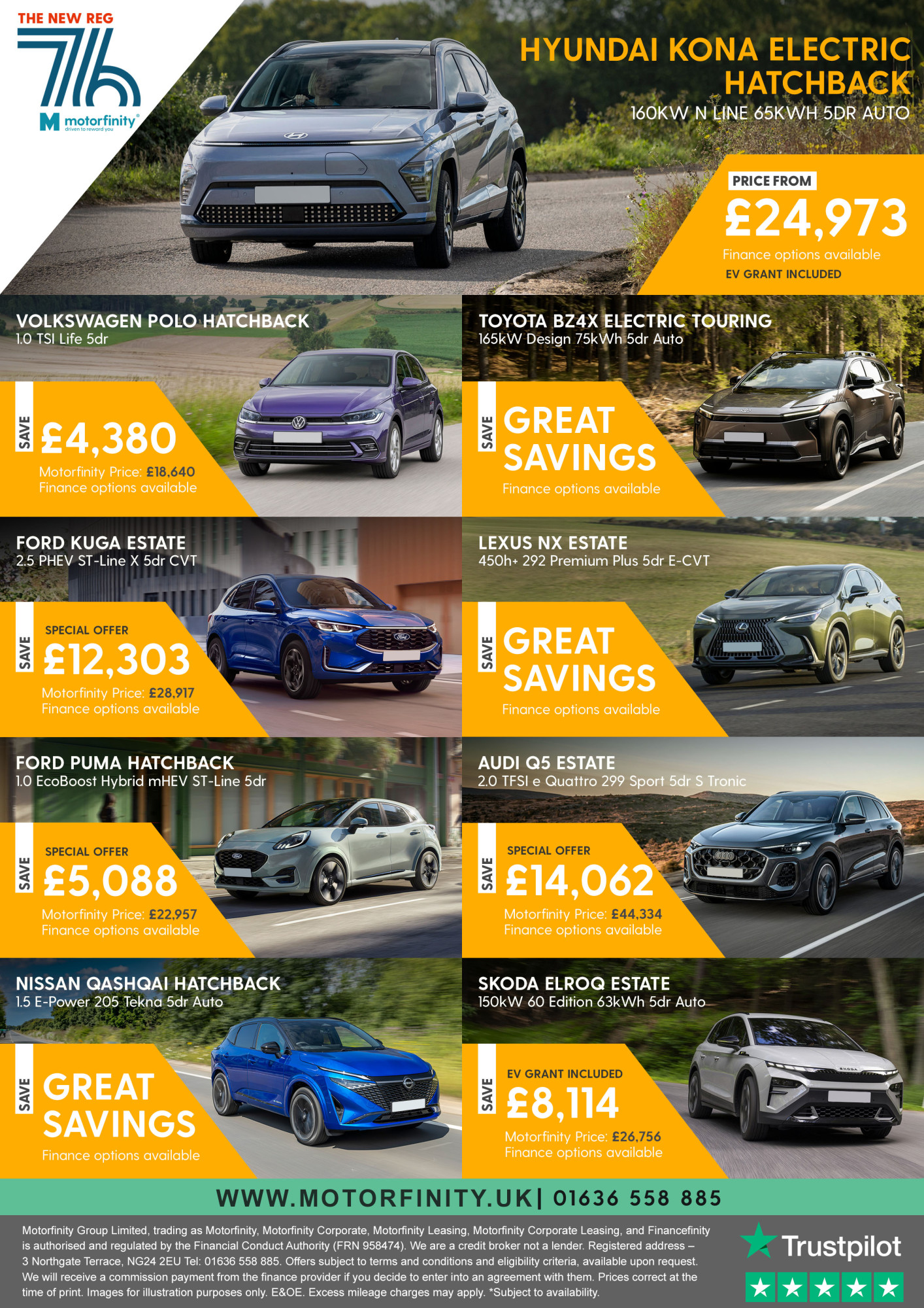 Images of the cars available from Motorfinity with the details of the savings that can be made.